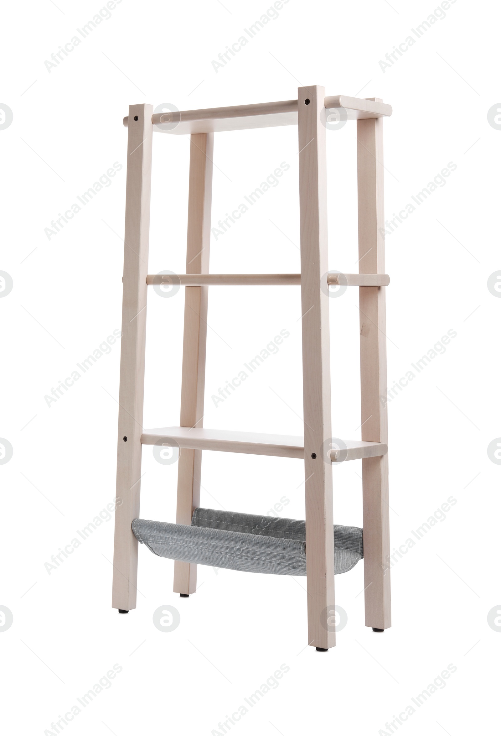 Photo of Empty wooden shelving unit isolated on white