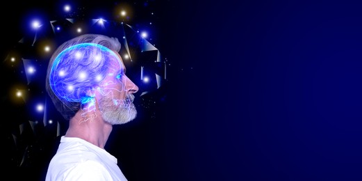 Image of Man with illustration of brain on blue gradient background, banner design. Space for text