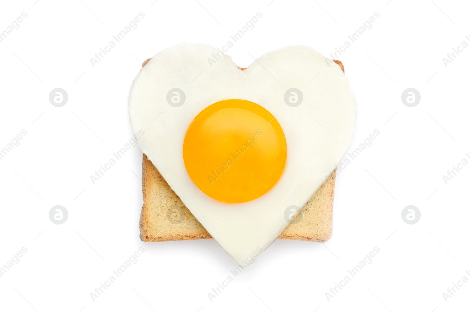 Photo of Tasty fried egg in shape of heart with toast isolated on white, top view