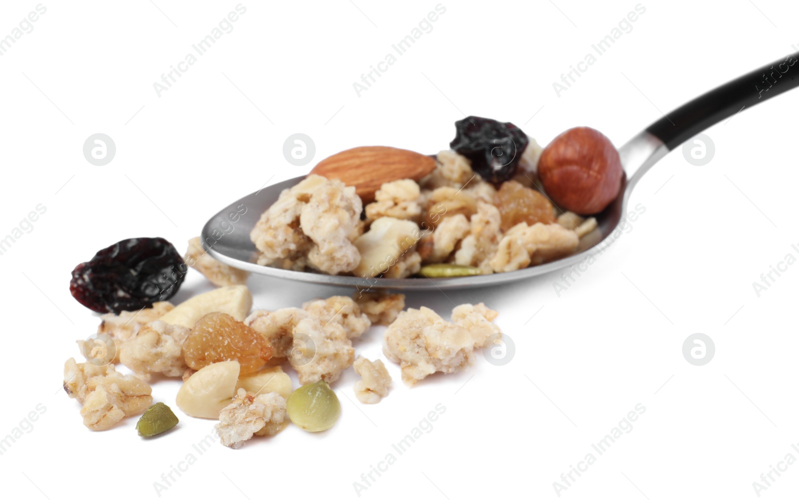 Photo of Spoon with granola on white background. Healthy snack