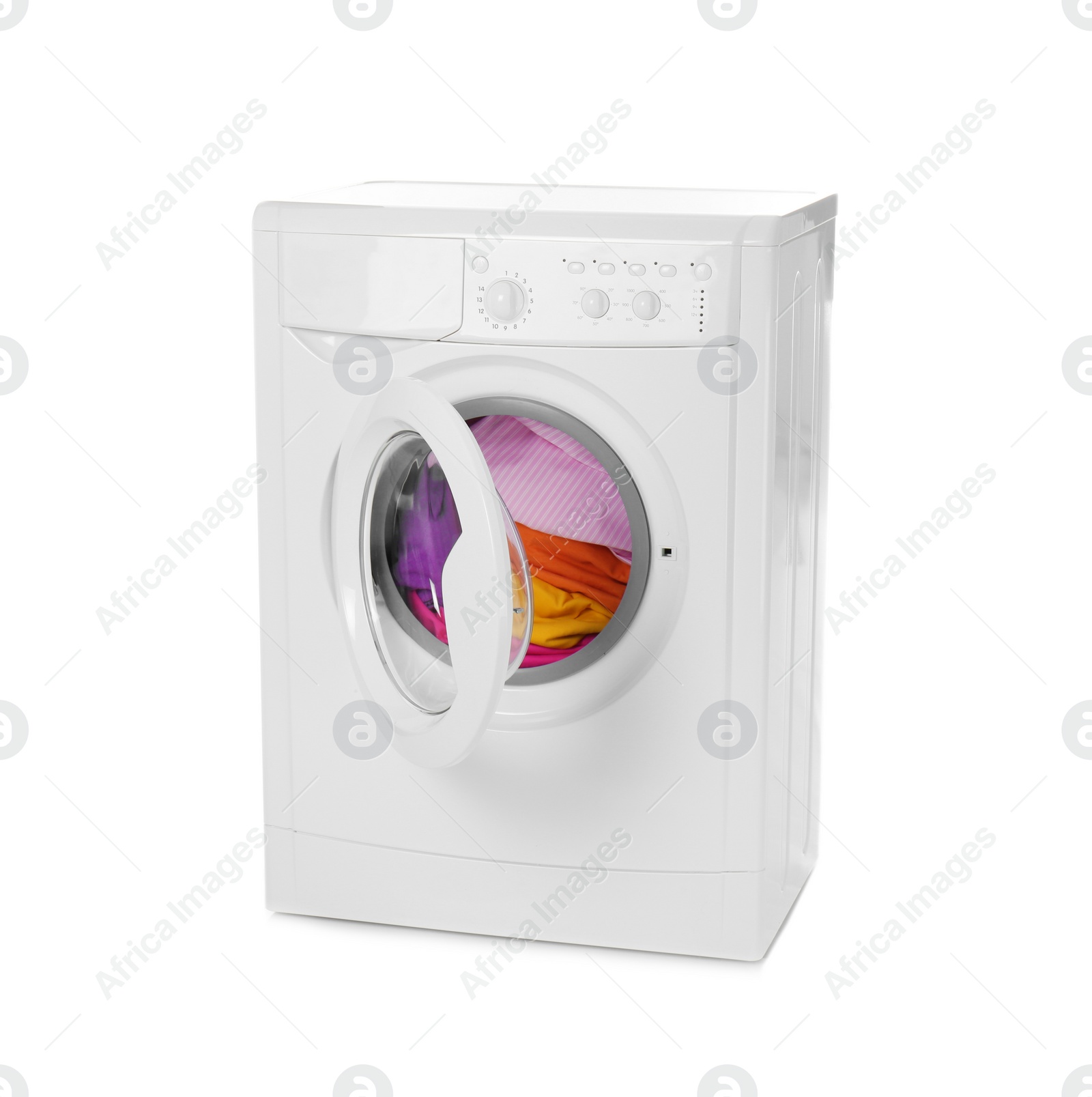 Photo of Modern washing machine with laundry isolated on white