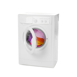 Photo of Modern washing machine with laundry isolated on white