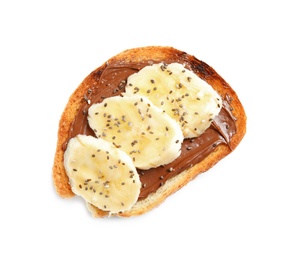 Photo of Tasty toast with banana, chocolate paste and chia seeds on white background, top view