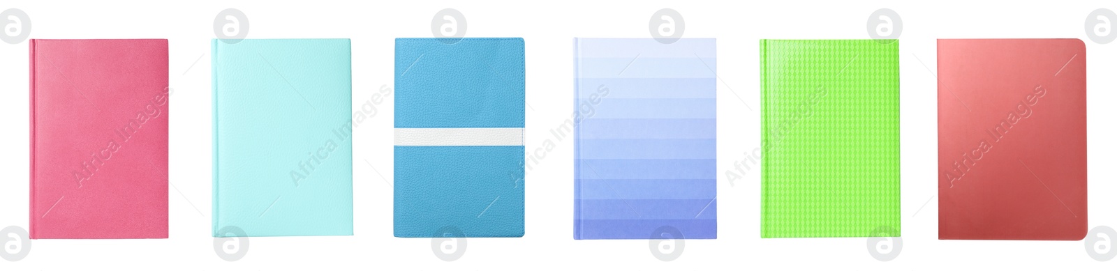 Image of Set with stylish colorful notebooks on white background, top view. Banner design