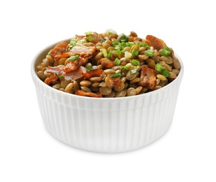 Photo of Delicious lentils with bacon and green onion in bowl isolated on white