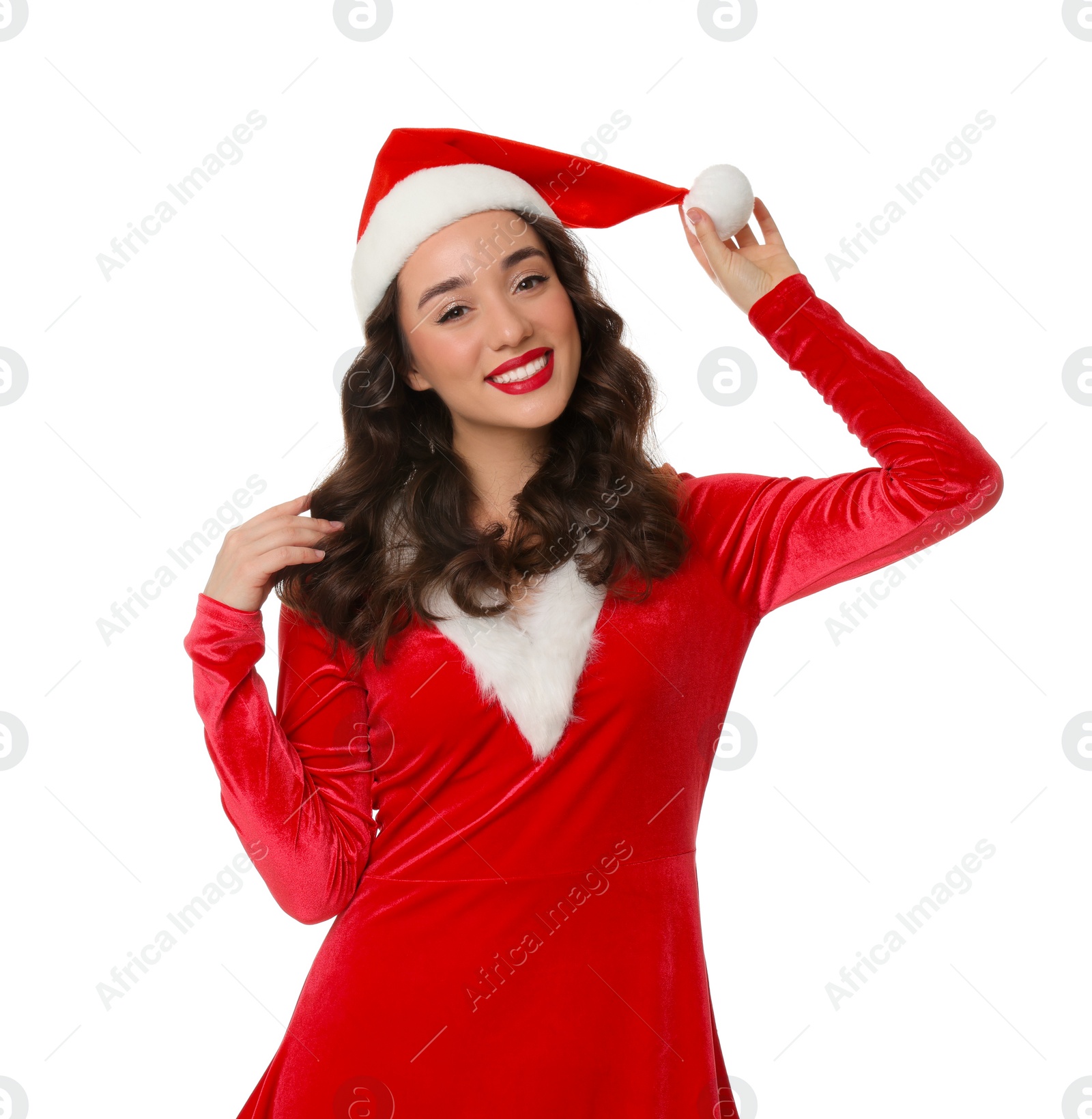 Photo of Beautiful young woman in Christmas red dress and Santa hat isolated on white