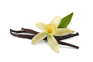 Photo of Aromatic vanilla sticks, beautiful flower and green leaf on white background