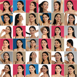 Image of Collage with portraits of young woman on color backgrounds