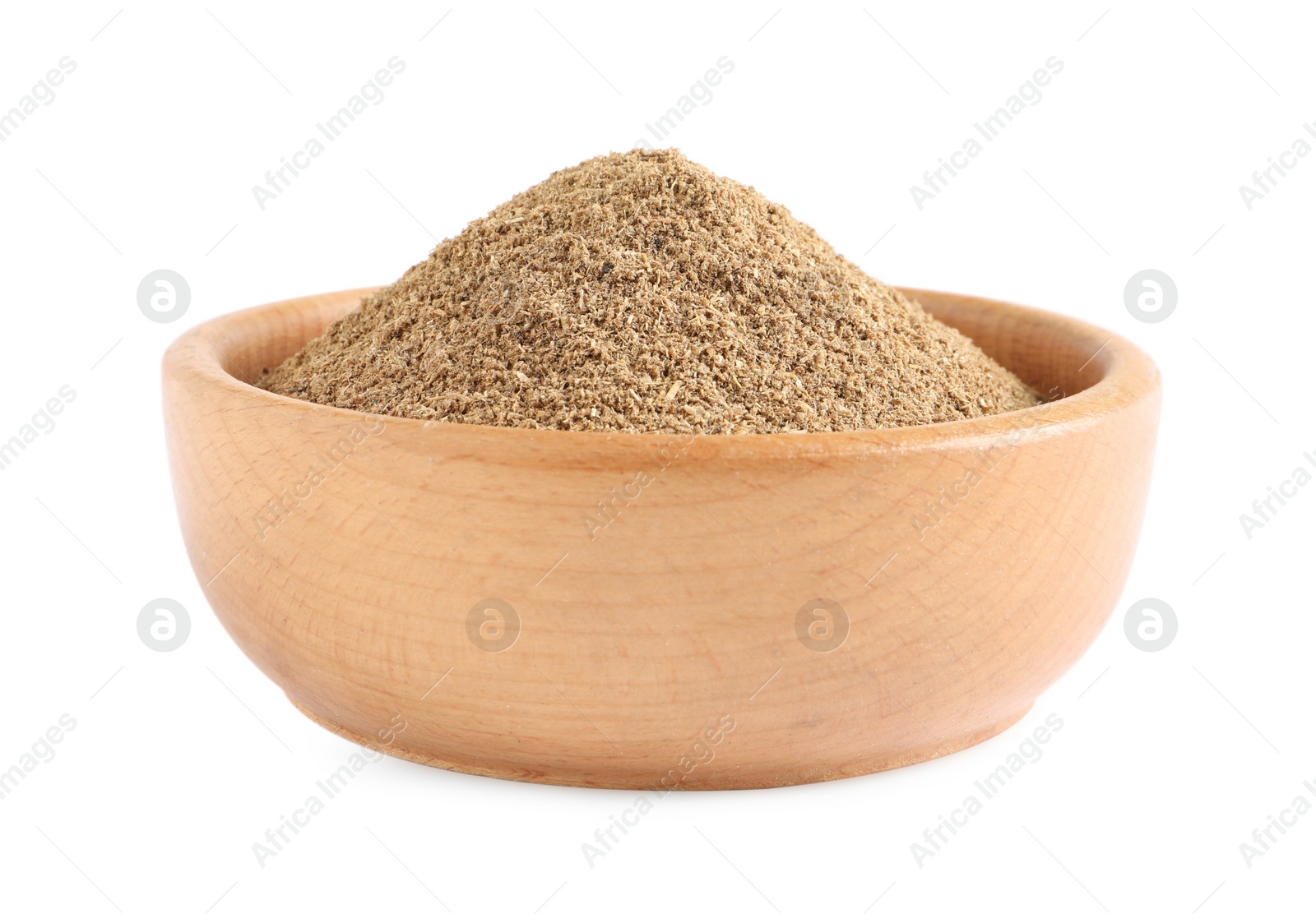 Photo of Wooden bowl with powdered coriander on white background