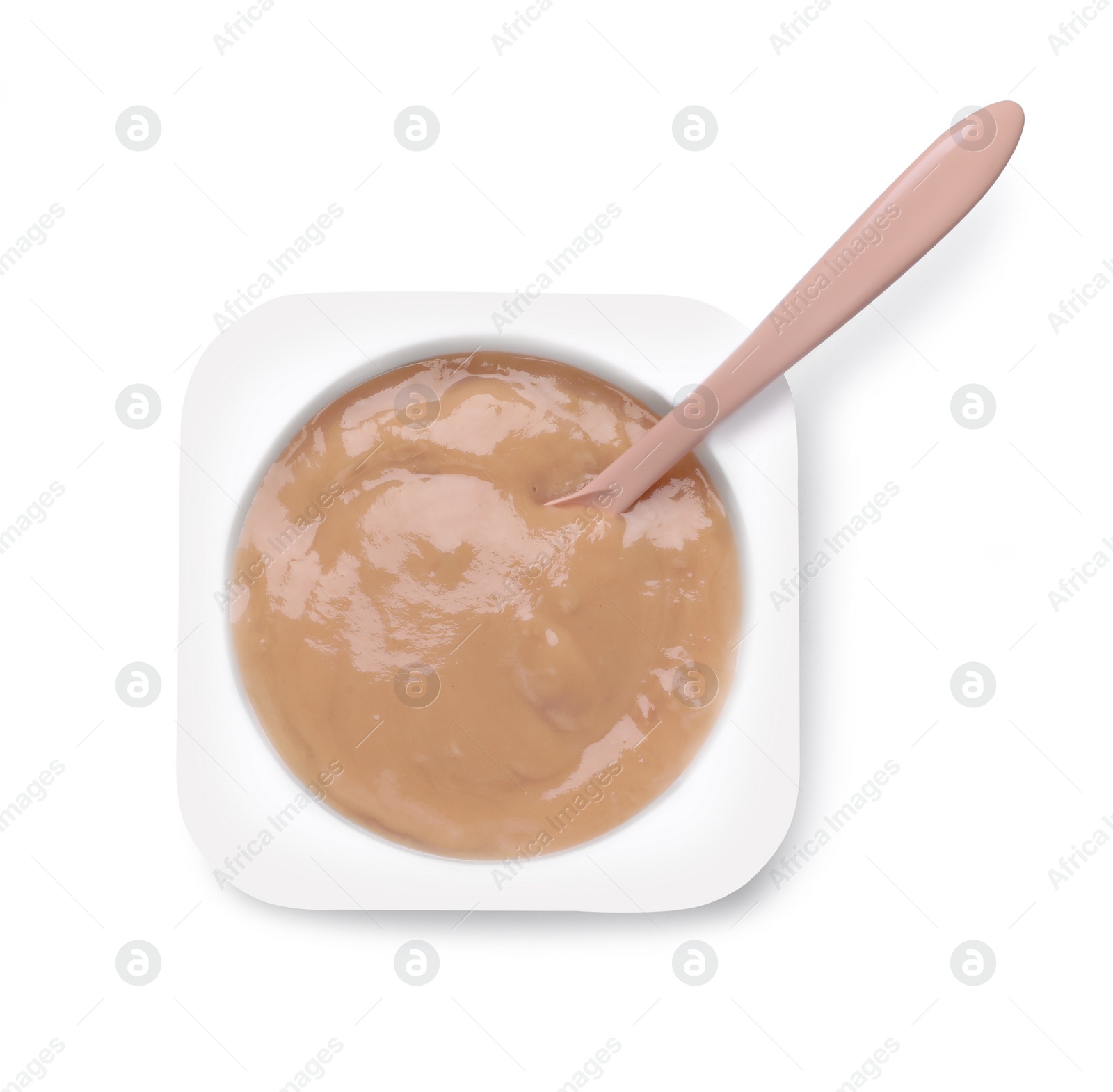 Photo of Container with healthy baby food and spoon isolated on white, top view