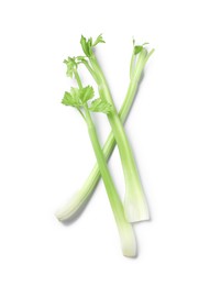 Fresh stalks of celery isolated on white, top view