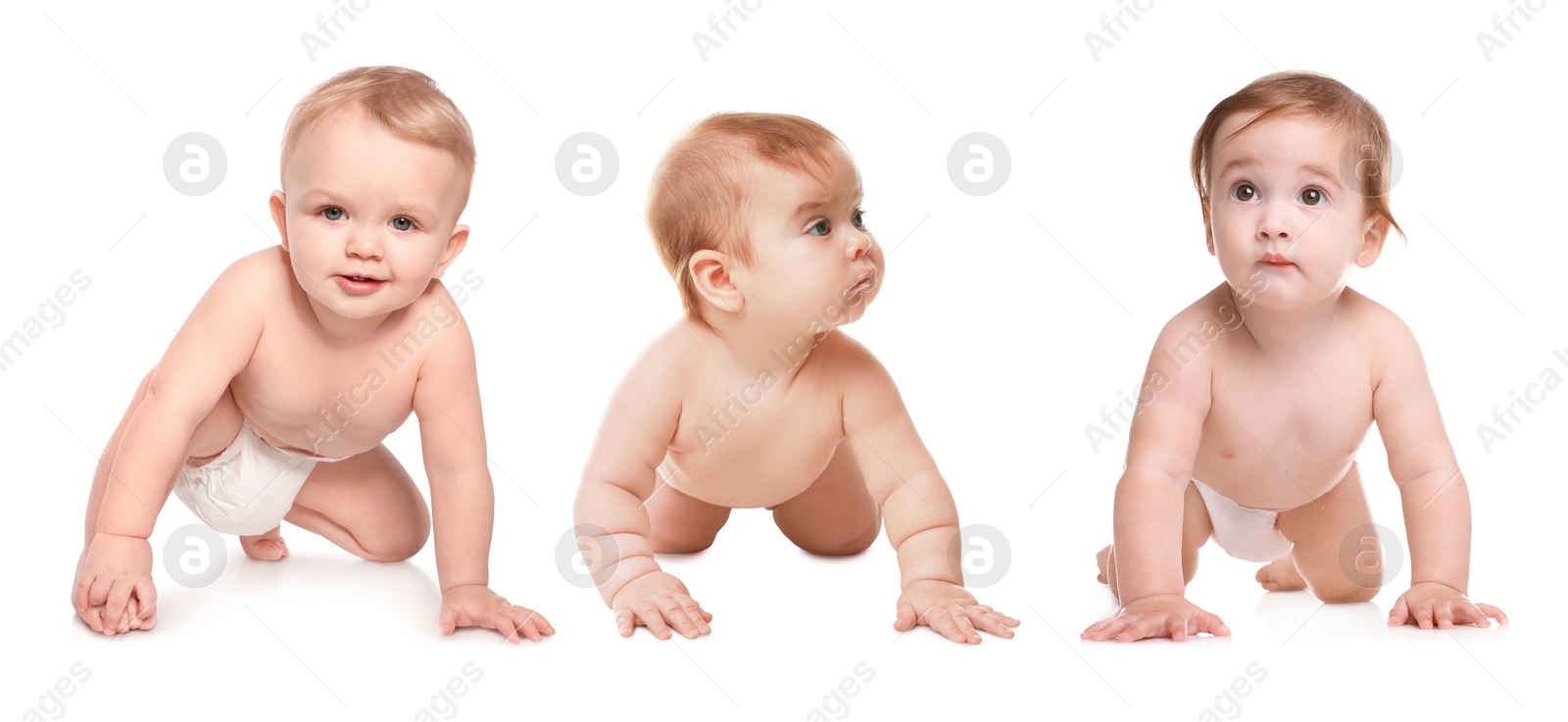 Image of Collage with photos cute little babies crawling on white background. Banner design