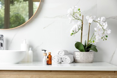 Bottle with dispenser cap, cosmetic products, houseplant and towels on white table in bathroom