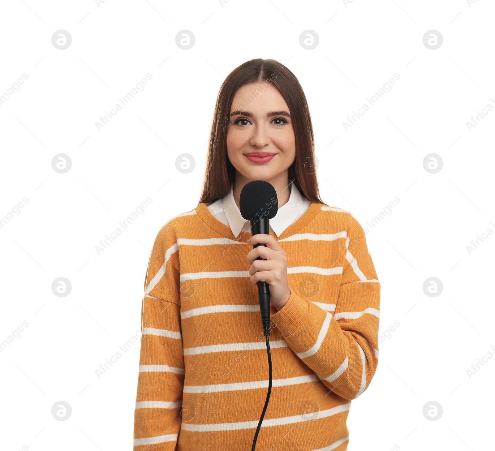 Photo of Young female journalist with microphone on white background