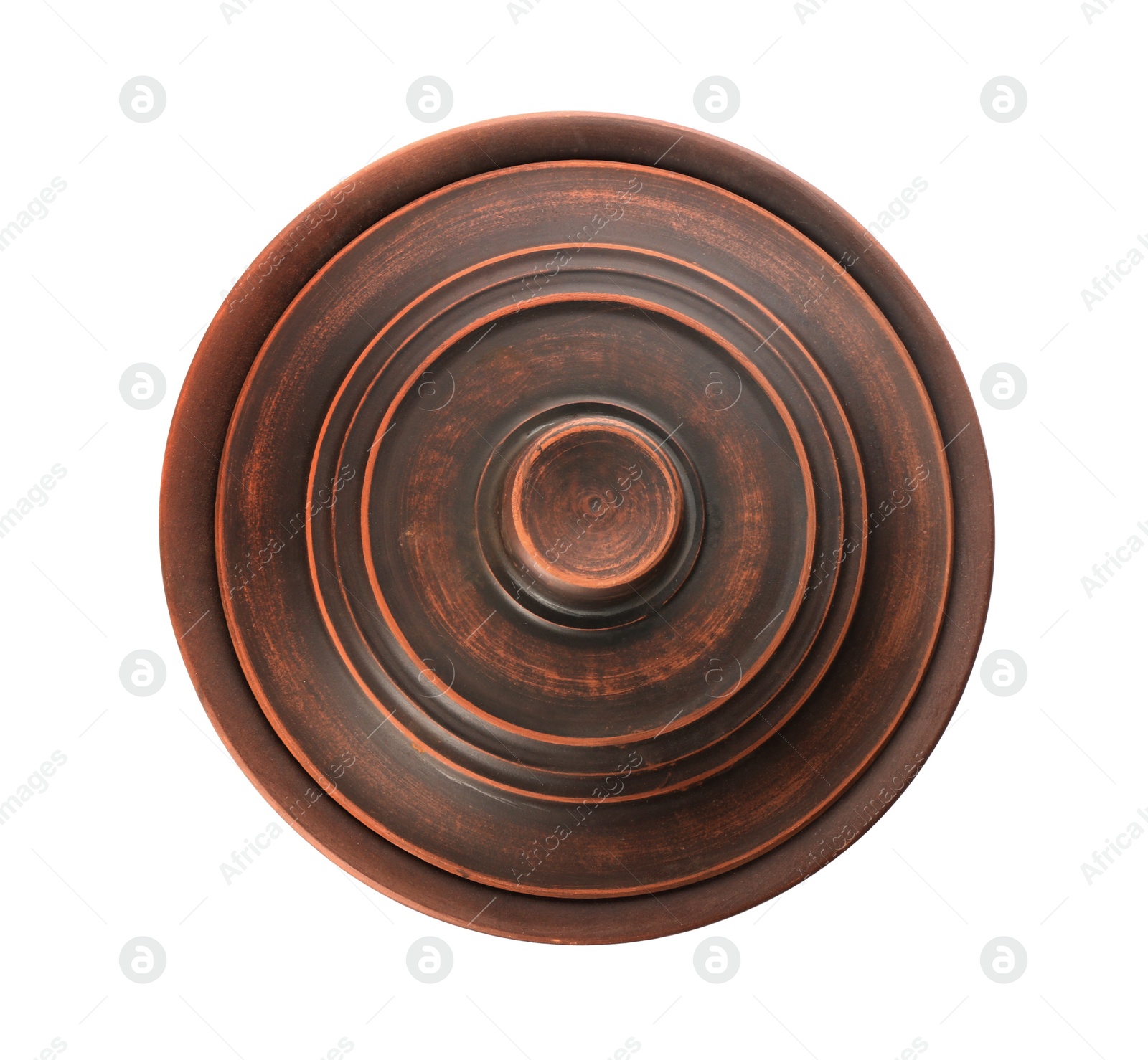 Photo of Brown clay pot isolated on white, top view