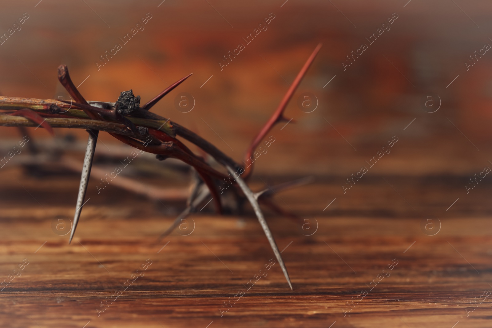 Photo of Crown of thorns on wooden table, closeup with space for text. Easter attribute