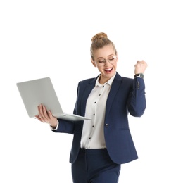 Portrait of happy young businesswoman with laptop isolated on white