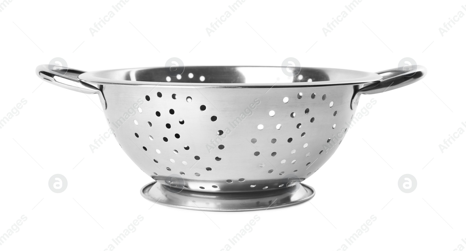 Photo of New clean colander isolated on white. Cooking utensils