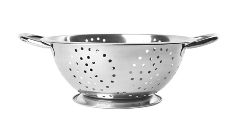 Photo of New clean colander isolated on white. Cooking utensils