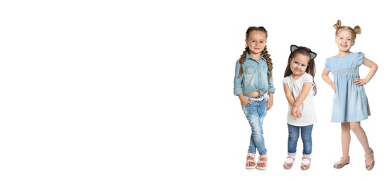 Image of Cute little girls on white background, space for text. Banner design
