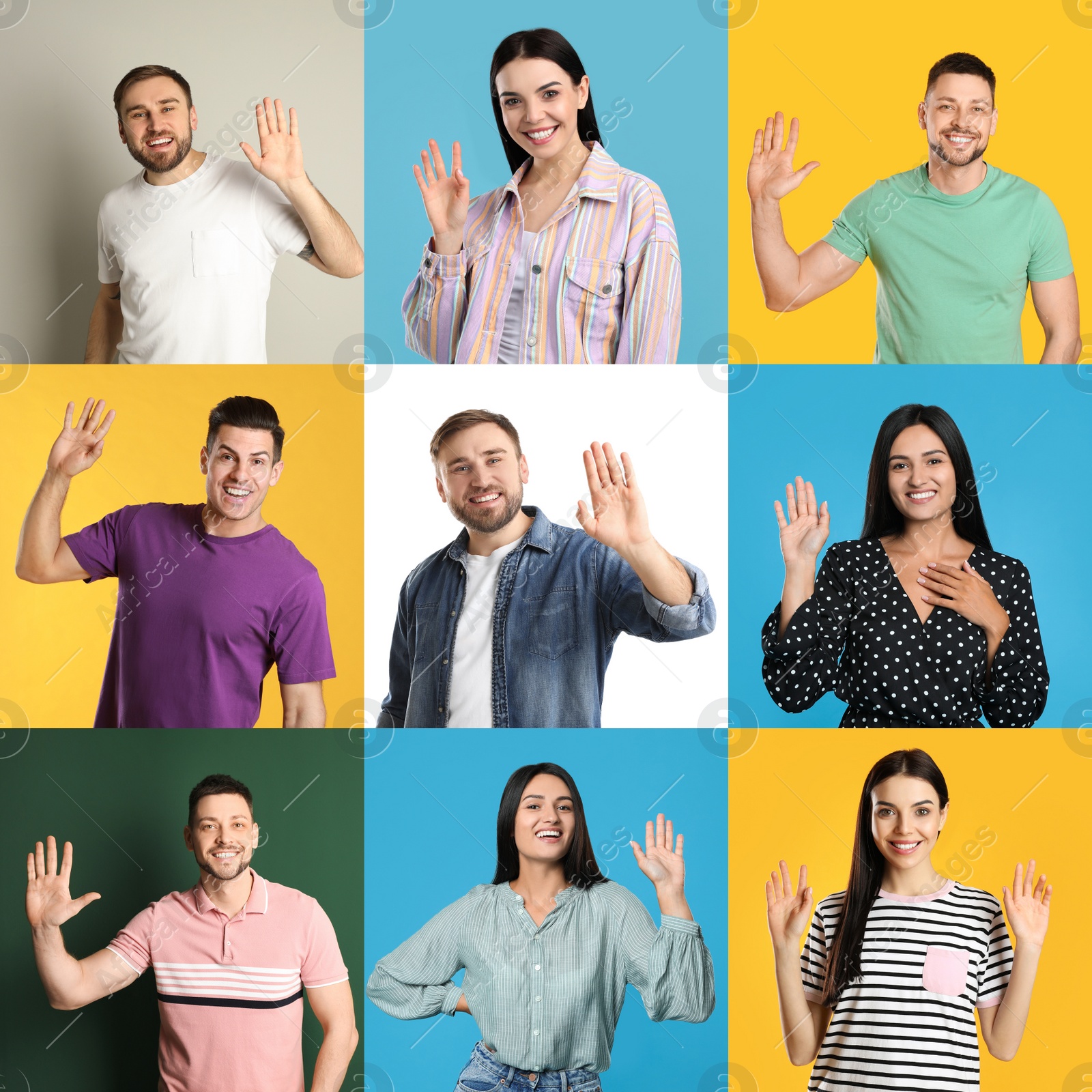 Image of Collage with photos of cheerful people showing hello gesture on different color backgrounds