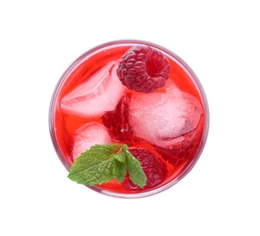 Photo of Delicious raspberry lemonade made with soda water isolated on white, top view
