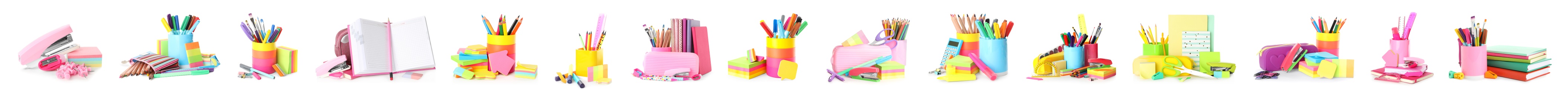 Image of Set of bright school stationery on white background, banner design