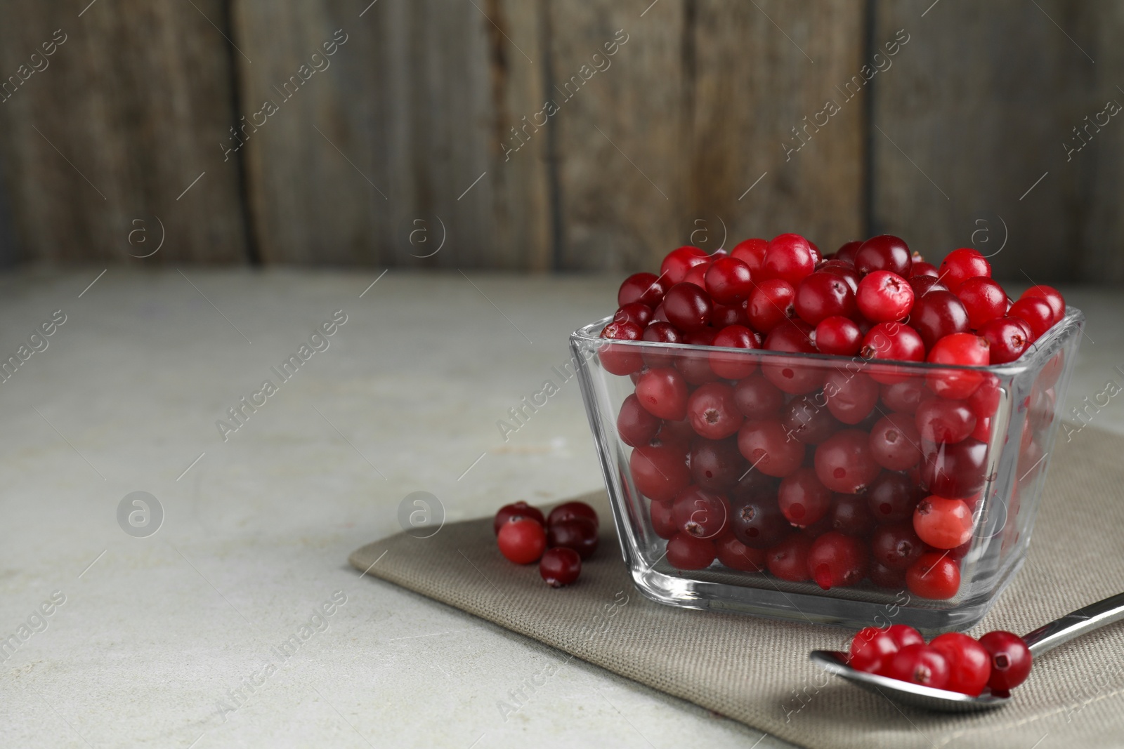 Photo of Cranberries in bowl and spoon on light grey table, closeup. Space for text