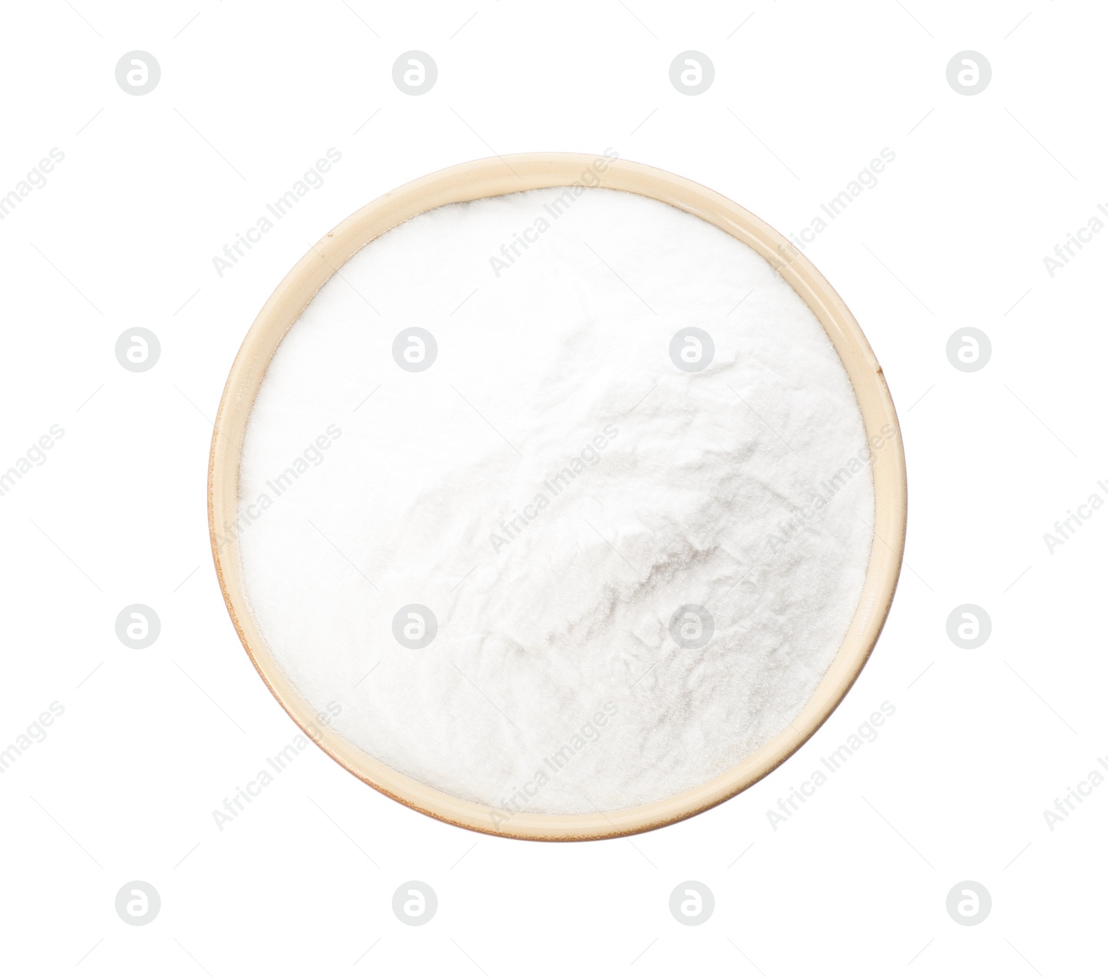 Photo of Baking soda in ceramic bowl isolated on white, top view