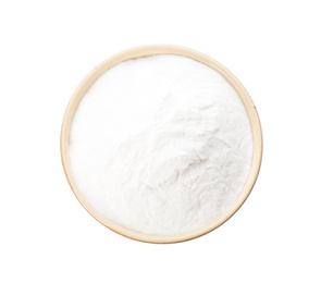 Photo of Baking soda in ceramic bowl isolated on white, top view