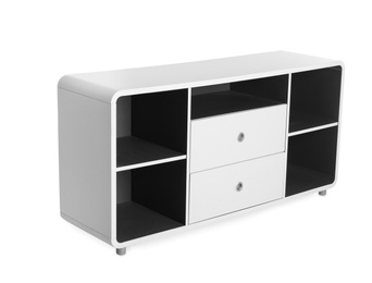 Photo of Stylish shelving unit with empty compartments on white background. Furniture for wardrobe room