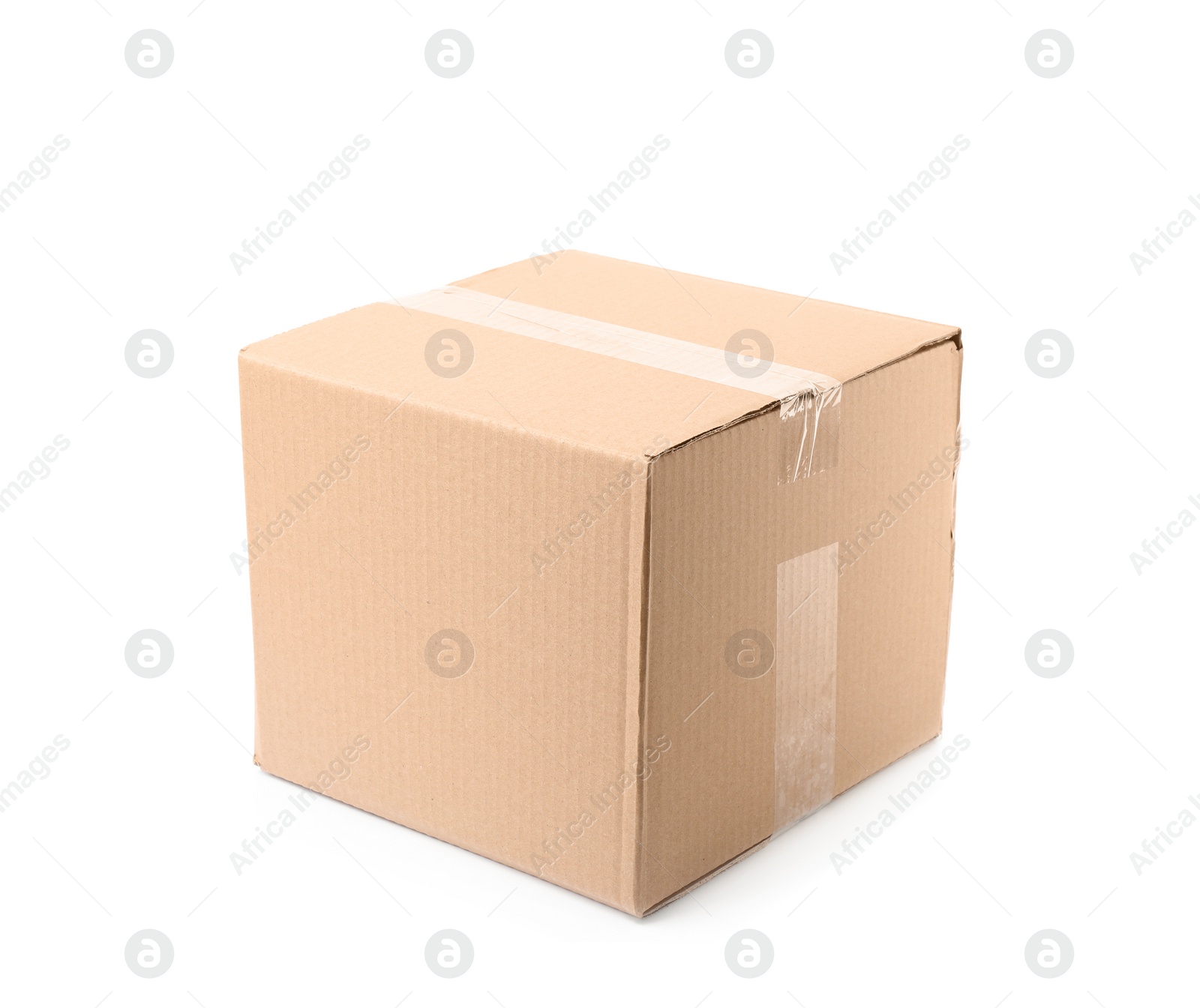 Photo of Closed cardboard box on white background. Mockup for design