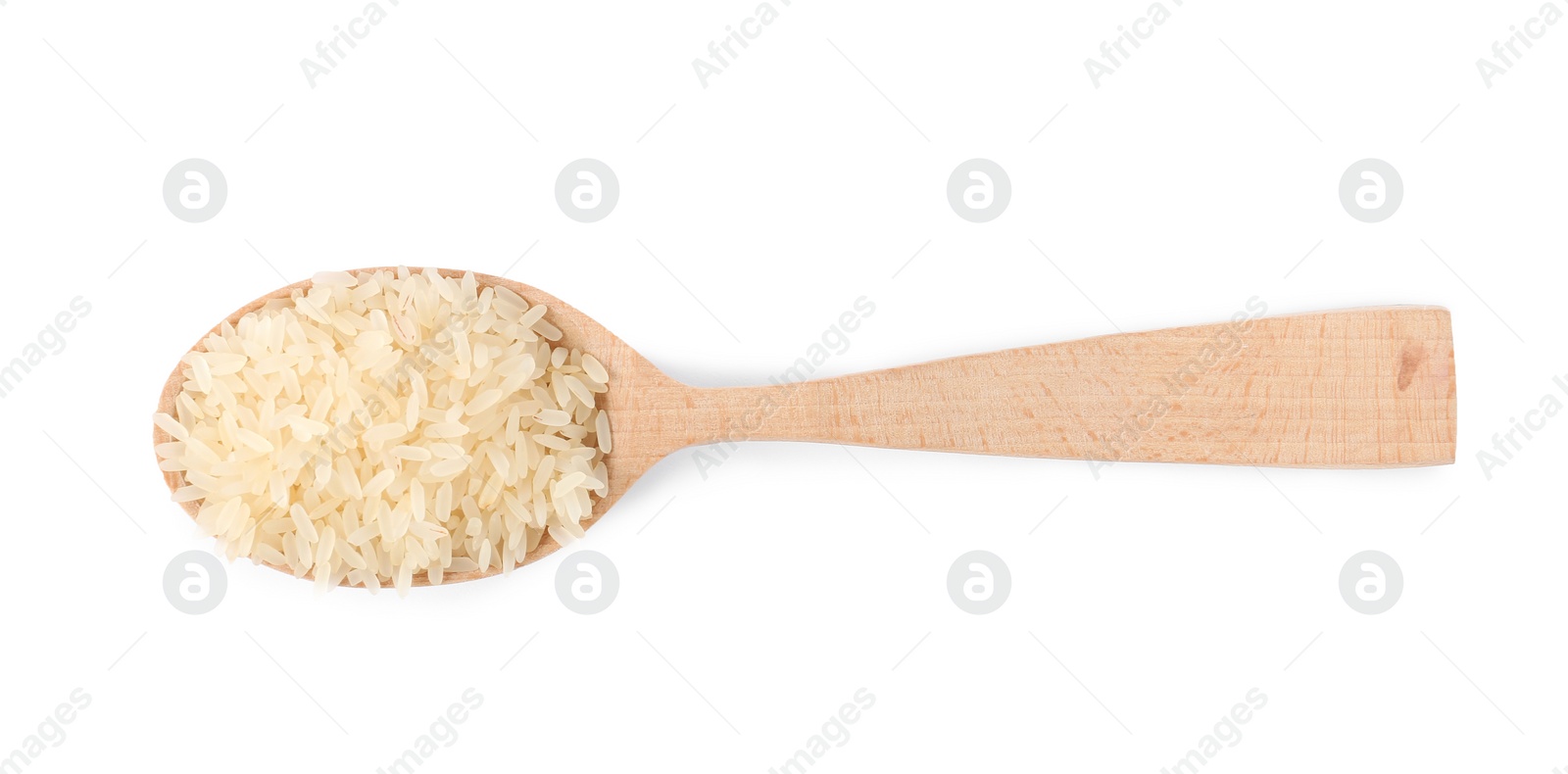 Photo of Spoon with uncooked parboiled rice on white background, top view
