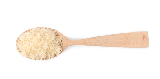 Spoon with uncooked parboiled rice on white background, top view