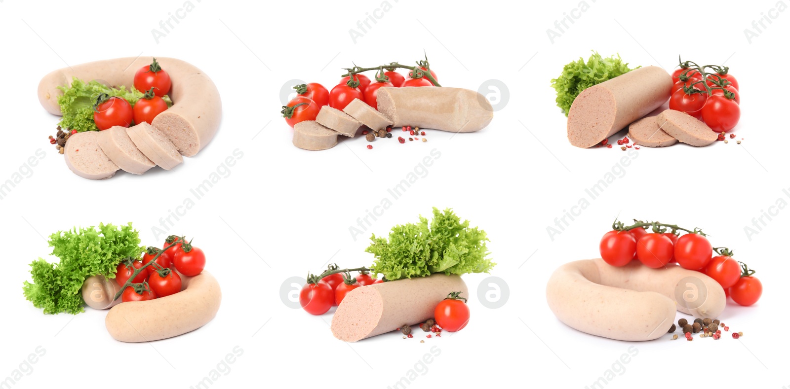 Image of Set with tasty liver sausages, tomatoes, lettuce and peppercorns on white background. Banner design