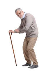 Photo of Stooped senior man with walking cane on white background