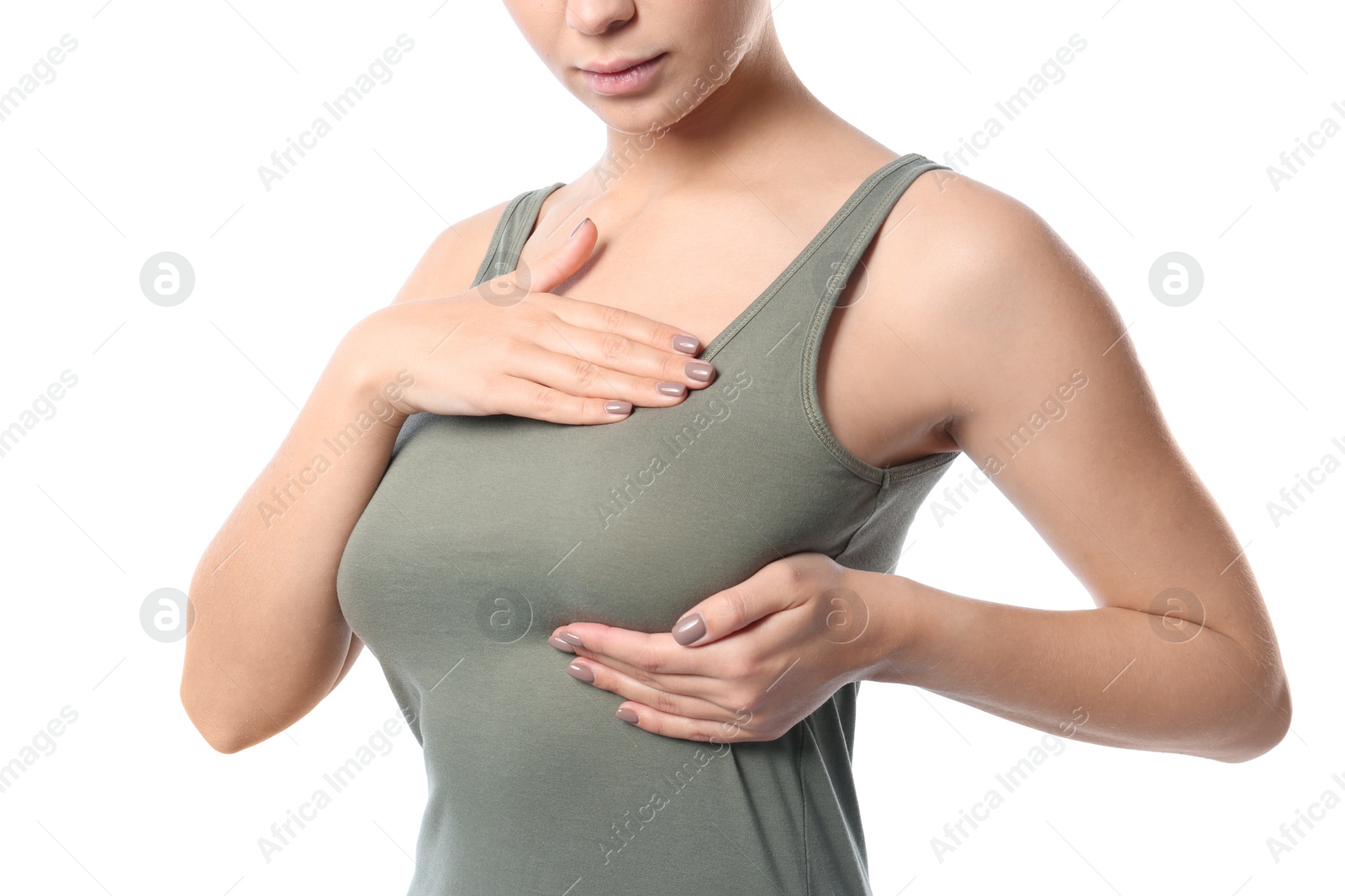 Photo of Woman checking her breast on white background, closeup