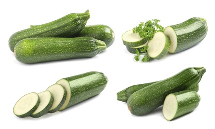 Image of Set of fresh ripe zucchinis on white background