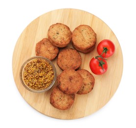 Delicious vegan cutlets, tomatoes and grain mustard on white background, top view