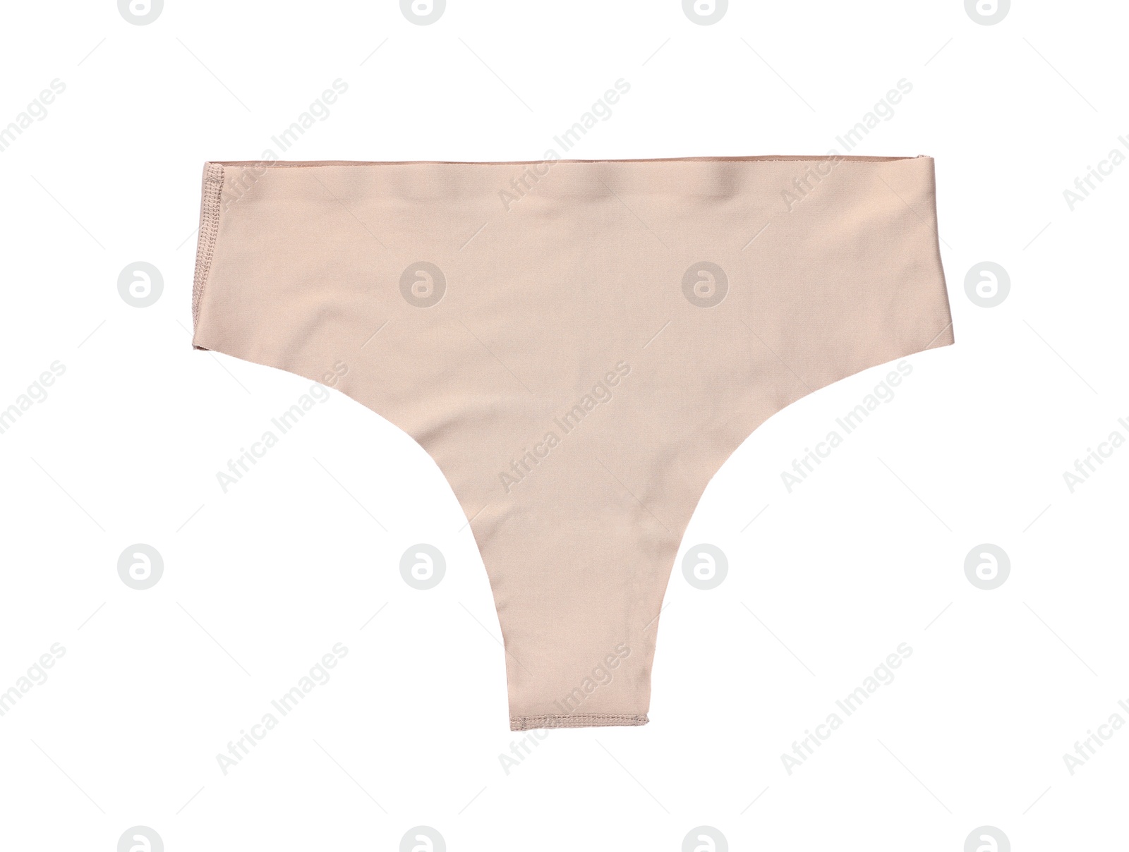 Photo of Elegant beige women's underwear isolated on white, top view