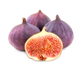 Photo of Tasty fresh fig fruits on white background