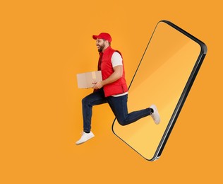 Courier with parcel jumping out from huge smartphone on orange background. Delivery service