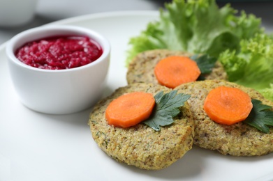 Photo of Plate of traditional Passover (Pesach) gefilte fish, closeup
