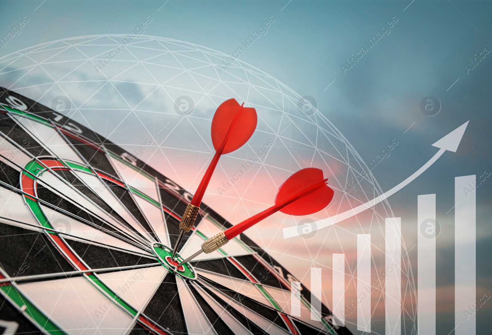 Image of Darts hitting target on board, illustration of graph and blurred of view sky at sunset