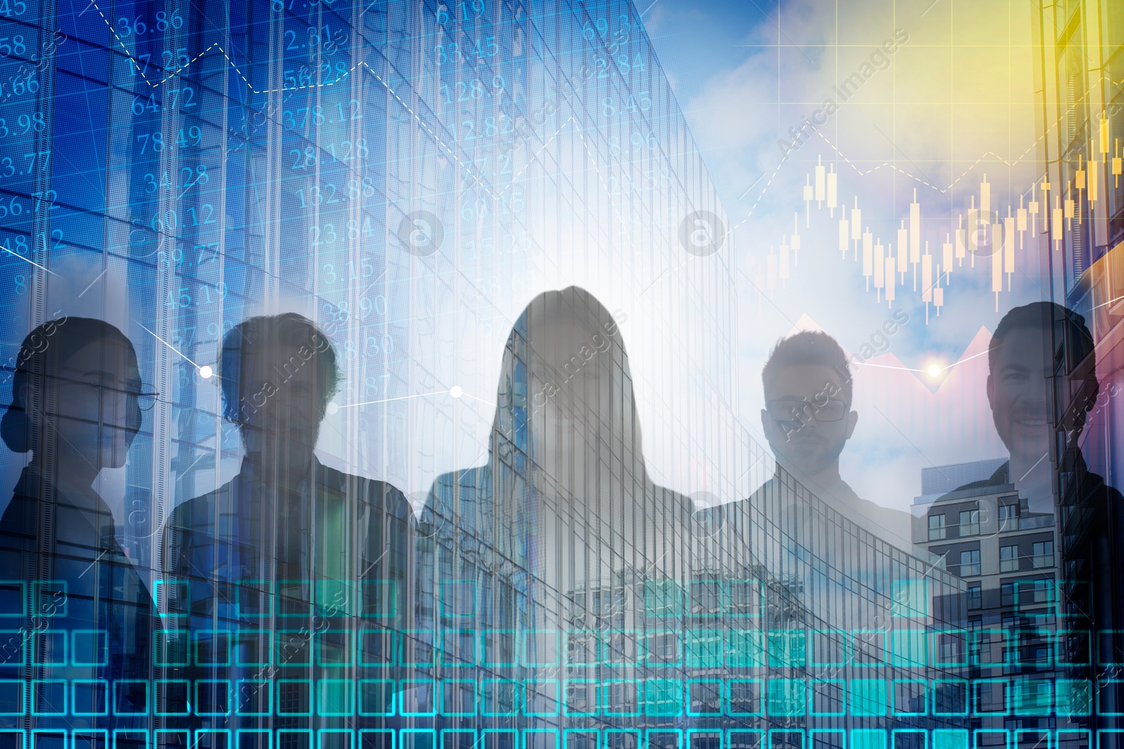 Image of Multiple exposure with silhouettes of businesspeople, graphs, data and buildings