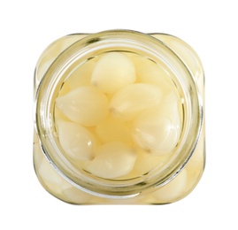 Photo of Open jar with pickled onions on white background, top view