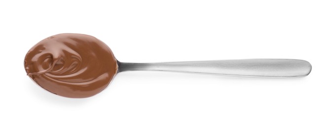 Spoon with delicious chocolate paste on white background, top view