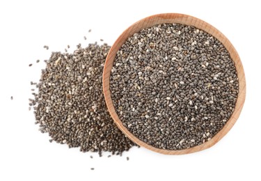 Photo of Chia seeds and bowl on white background, top view