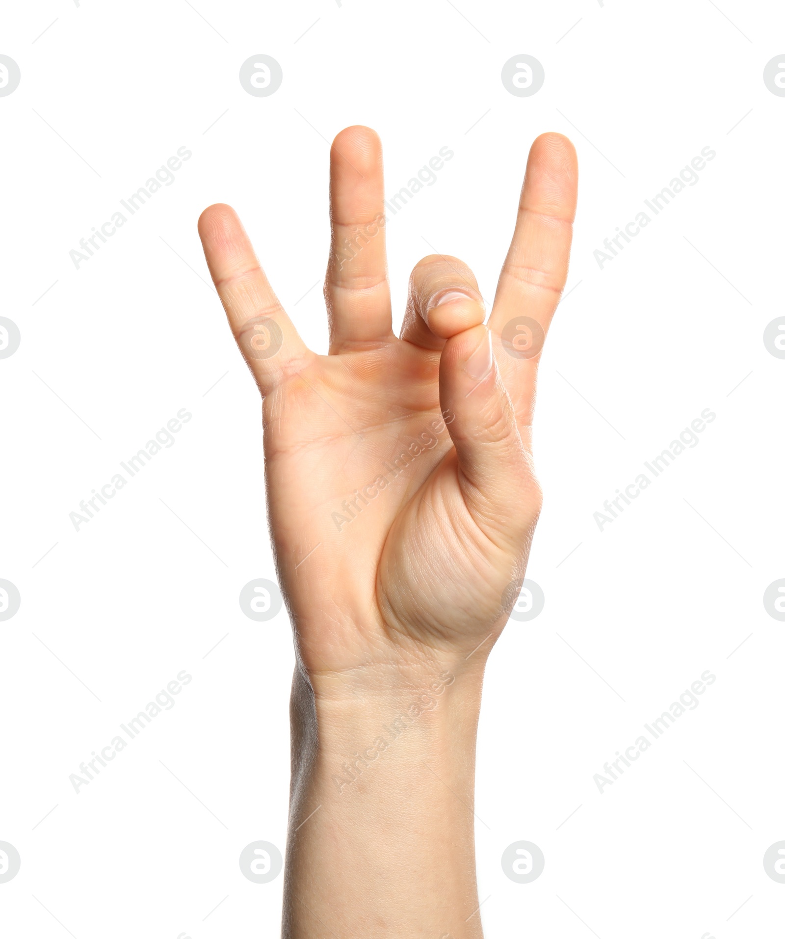 Photo of Man showing number eight on white background, closeup. Sign language