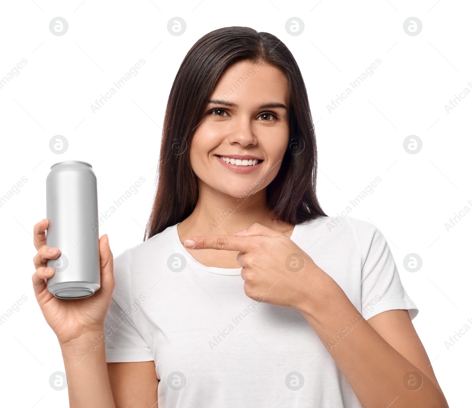 Photo of Beautiful young woman holding tin can with beverage on white background